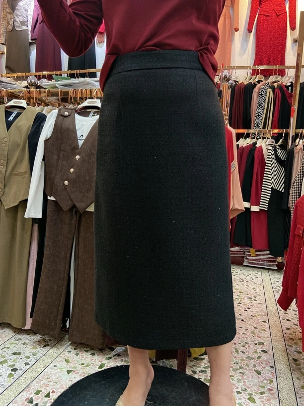 YF！6802#小香风气质亮丝半身裙秋冬高腰显瘦中长包臂裙