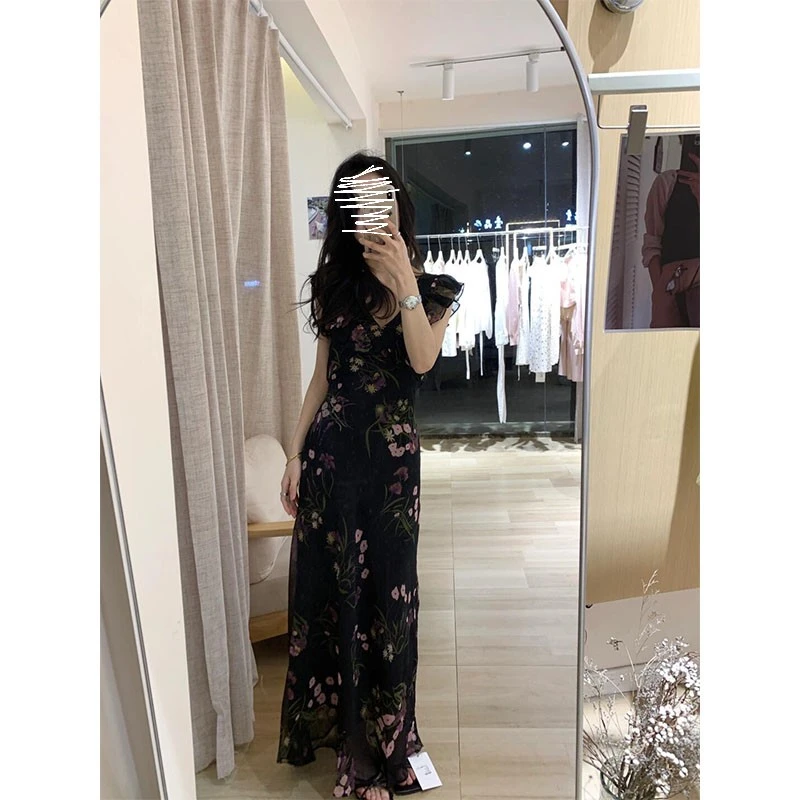 黑色荷叶领中长款植物花卉小众设计感连衣裙女夏季度假长裙高个子