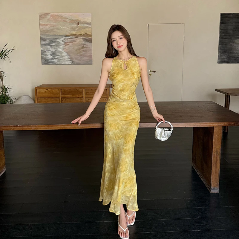 夏知棠信新中式国风剪花挖肩改良旗袍中长款连衣裙名媛宴会裙子女