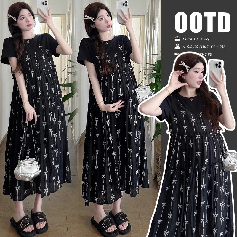 孕妇连衣裙夏季2025新款时尚法式宽松假两件碎花长裙夏款孕妇裙子