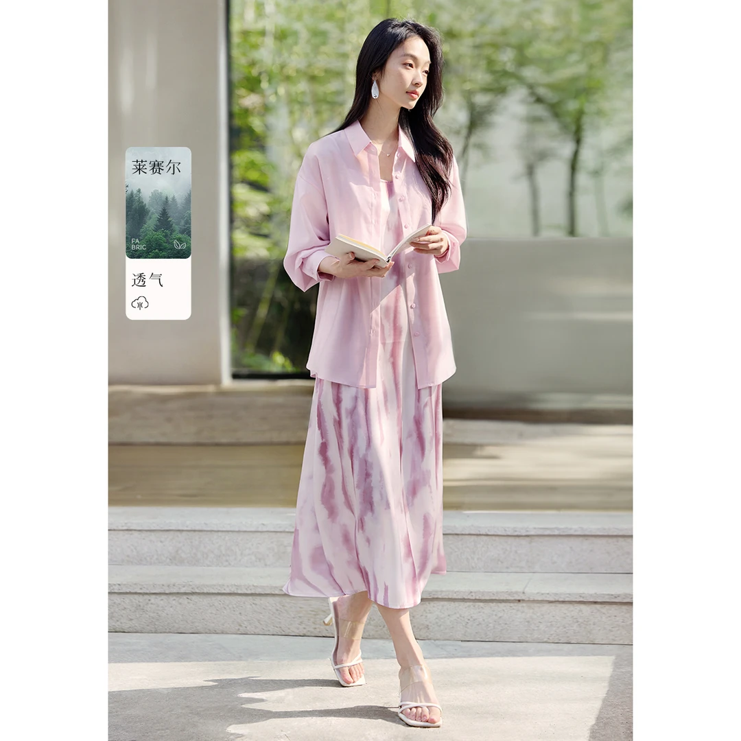 XWI/欣未【樱花落夏】2025春季新款浪漫度假风缎面印花衬衫两件套装