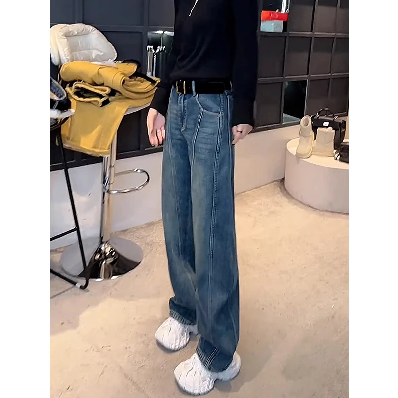美思源蓝色阔腿裤牛仔裤弯刀女秋季新款高腰裤子宽松复古直筒女款