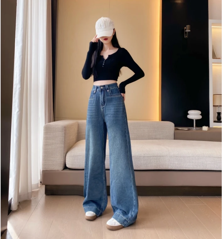 V墨黛蓝2025早秋新款港风牛仔阔腿牛仔女时尚显瘦直筒韩流A字版裤