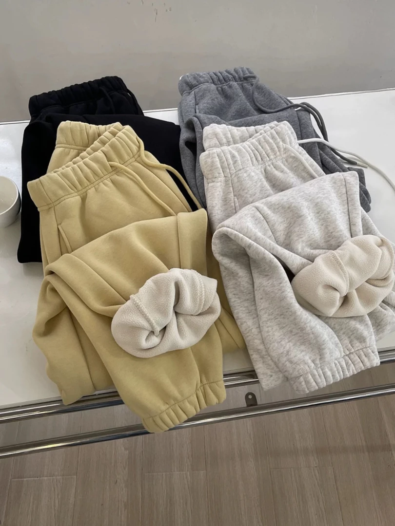 冬季加绒加厚宽松弹力运动休闲束脚女暖绒卫裤