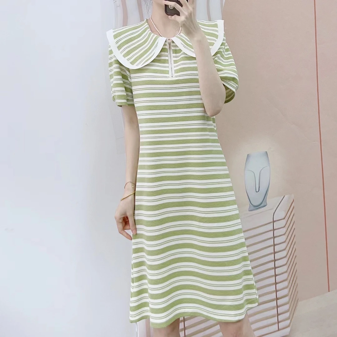 清仓E5夏季撤柜时尚娃娃领减龄显瘦短袖条纹连衣裙910