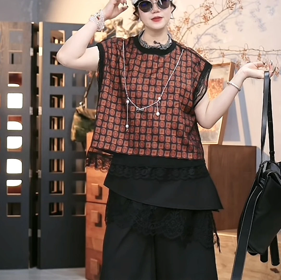 2025年夏季新款时尚百搭复古双层蕾丝无袖上衣-1180