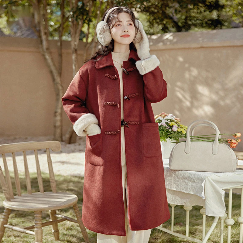 法式围脖牛角扣毛呢外套女2023冬季新款小个子加厚中长款呢子大衣