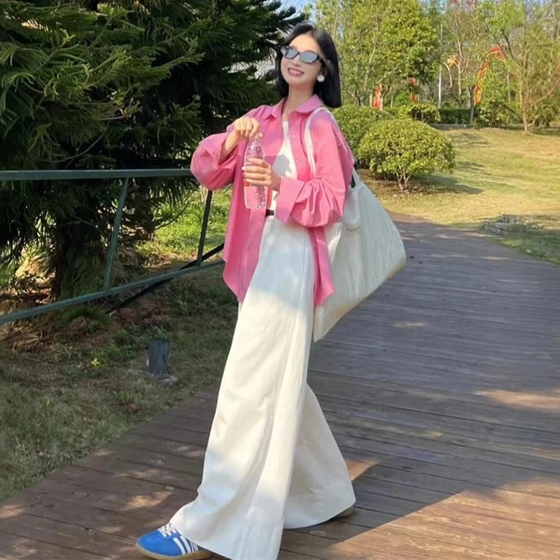 韩版潮流时尚套装女2025年春季新款宽松衬衫搭配白色休闲裤两件套