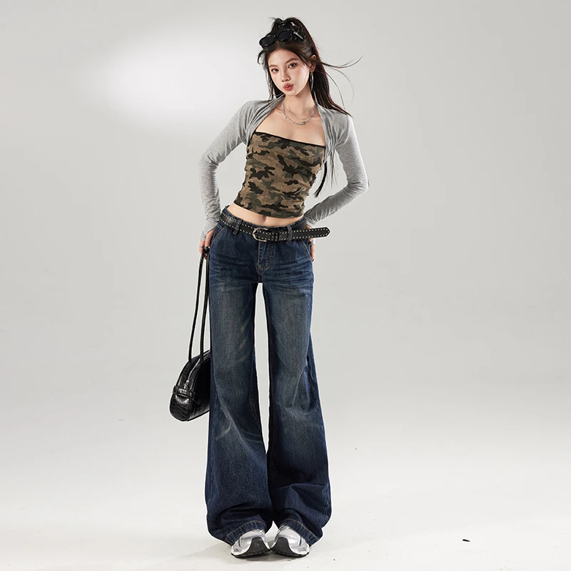 陆笙好复古蓝设计感阔腿牛仔裤女高腰直筒宽松慵懒风百搭拖地裤