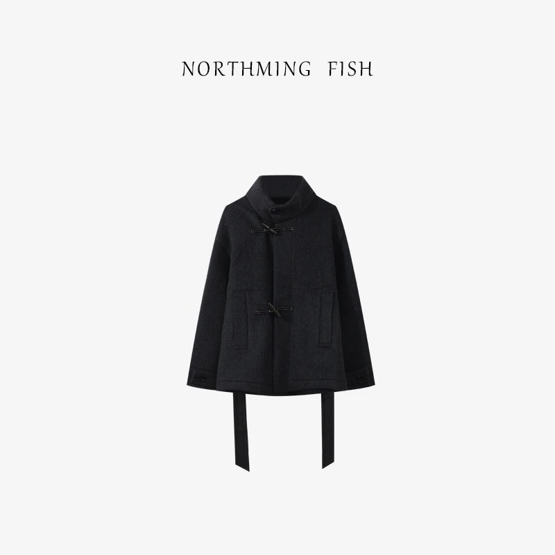 NorthMing fish 简约温柔 立领系带牛角扣廓形山羊绒大衣