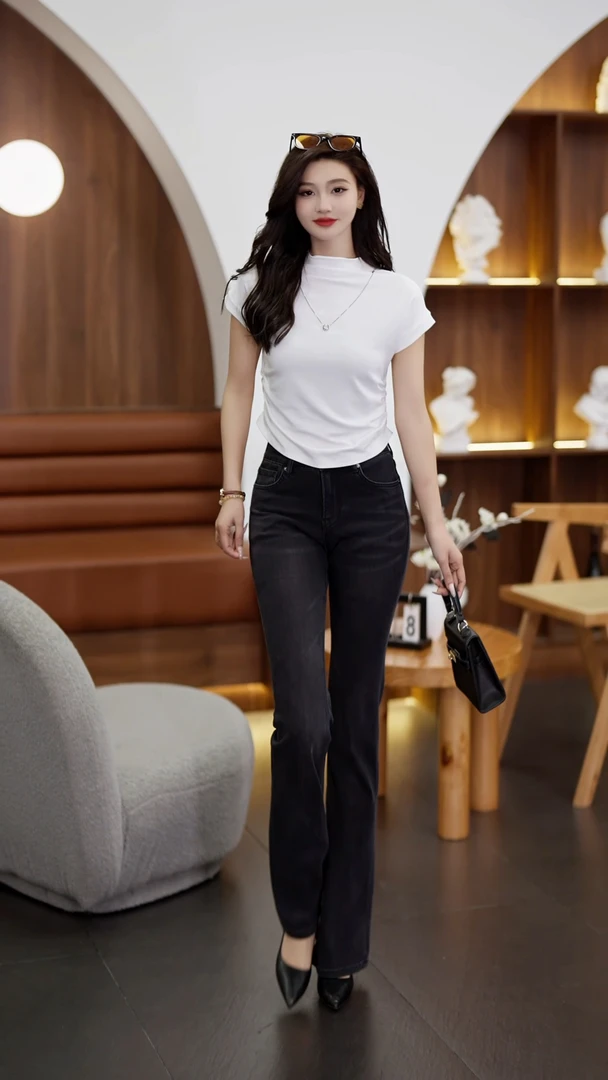 微喇牛仔裤女春秋时尚修身显瘦直筒百搭牛仔裤女款爆款2025新款