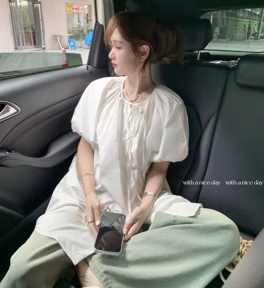 （饭饭显瘦款）韩版衬衫夏季款宽松简约百搭减龄圆领白色上衣女3150