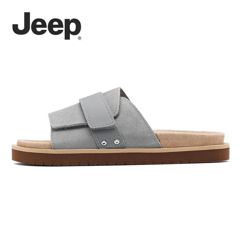 JEEP/吉普男士拖鞋外穿潮流防滑软底一字拖休闲百搭真皮厚底凉拖