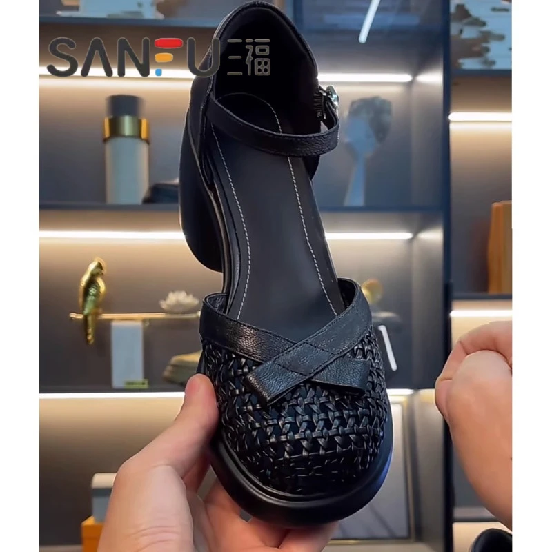 爆款~小个子增高跟粗跟厚底时尚百搭夏季真皮编织镂空包头凉鞋女