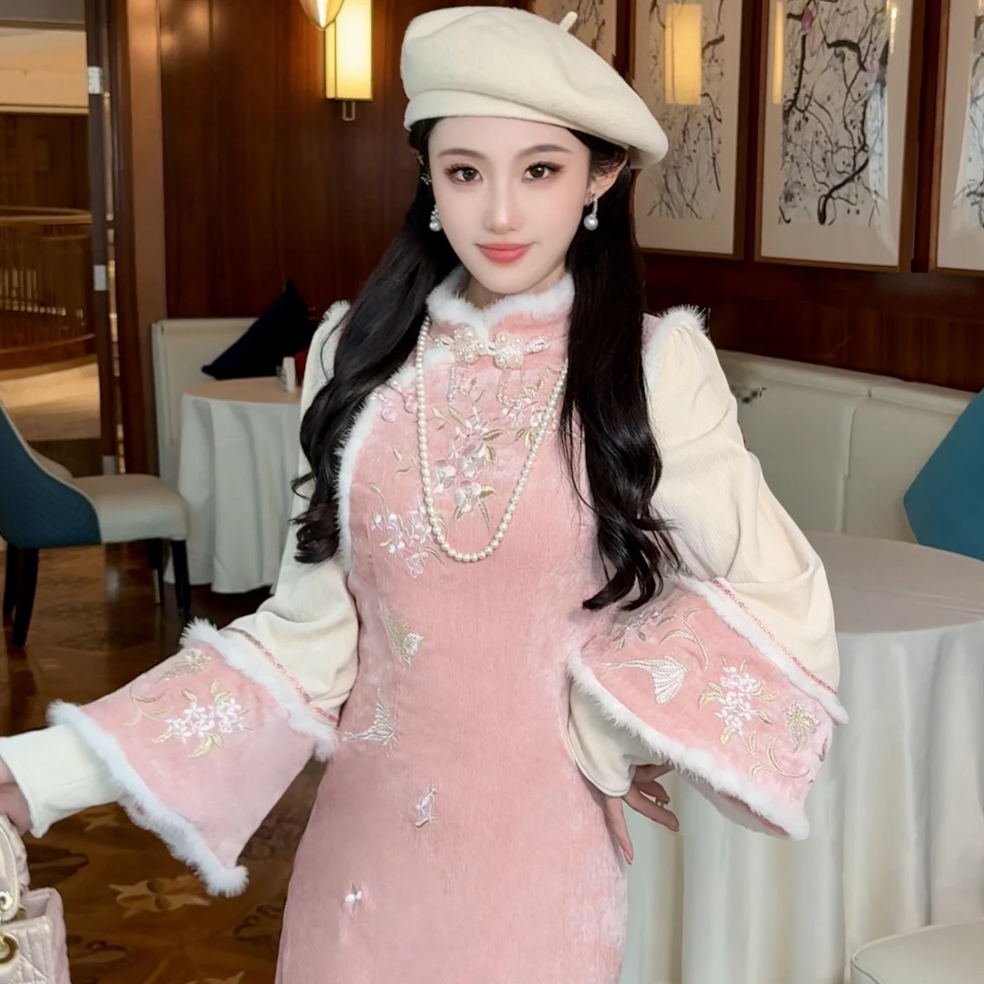 【媛珠 蜜桃迎福】重工贵气国风刺绣粉色旗袍时尚套装秋冬中式长款