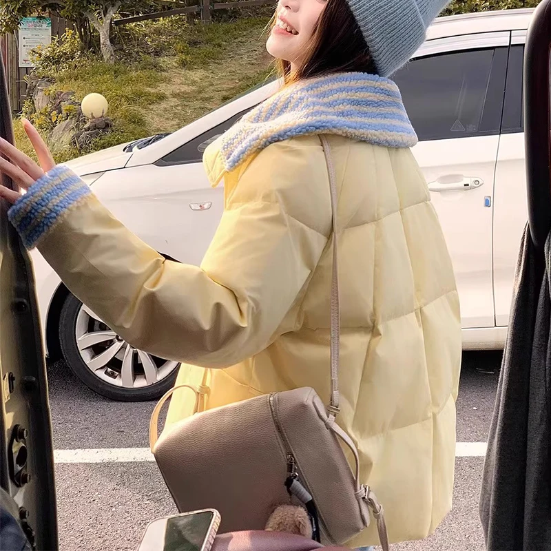 日常通勤清新保暖外套短款棉服女2026秋冬季撞色抽绳收腰韩系减龄