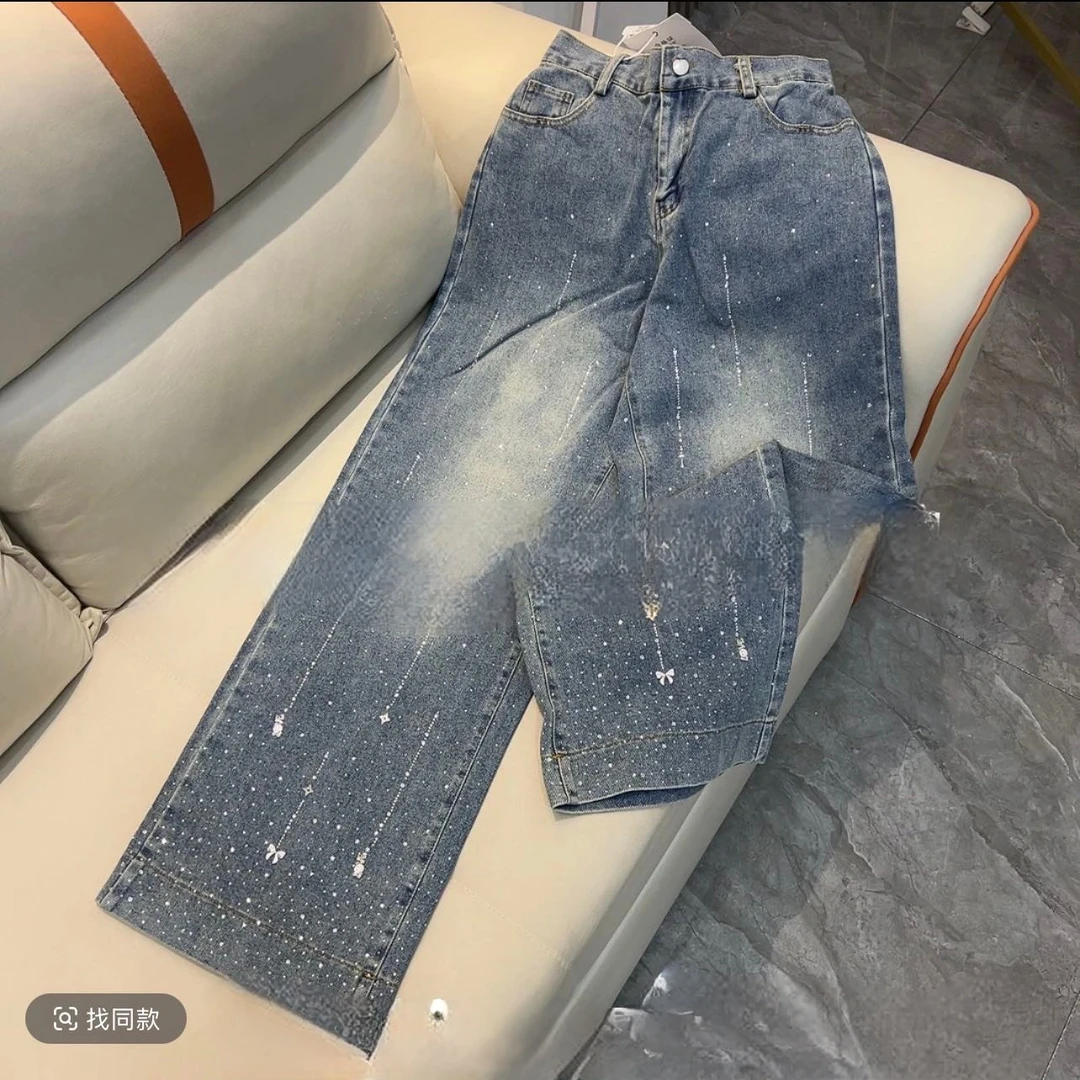 猫家YZM新中式国风时尚百搭蝴蝶镶钻阔腿牛仔裤165