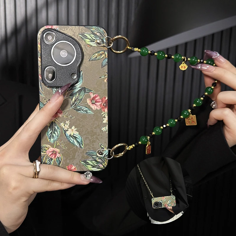 适用华为pura70ultra手机壳新款p70套pura70pro+花朵斜跨手链女款