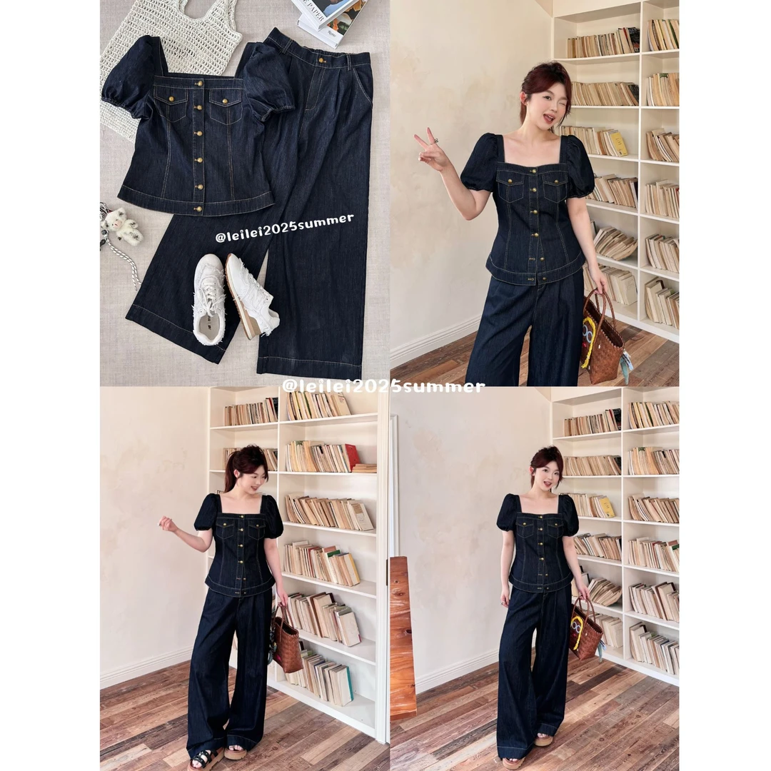 晶咕【蓝调时分】明线走线牛仔方领泡泡短袖上衣+高腰阔腿裤