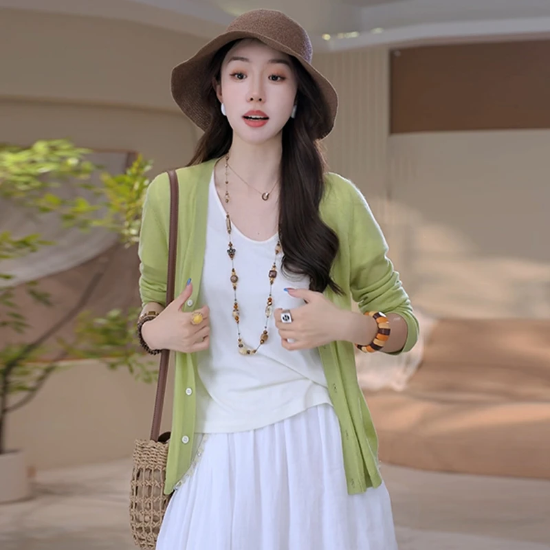 2025夏日多巴胺绿色针织开衫女夏季薄款宽松外搭空调防晒长袖上衣