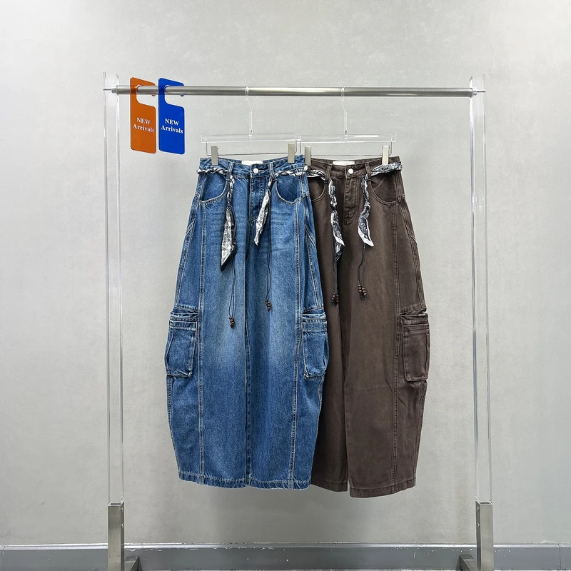 早秋高街洋气BF风休闲大口袋阔腿牛仔裤女丝巾腰带小众弯刀裤V682