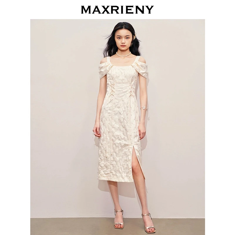 MAXRIENY复古优雅气质感连衣裙2024夏季新款气质裙子开叉收腰钉珠