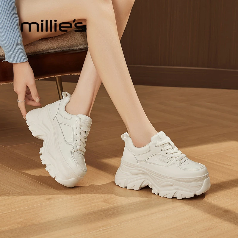 MILLIE S/妙丽厚底高跟休闲鞋女2025年新款百搭小白鞋圆头老爹鞋