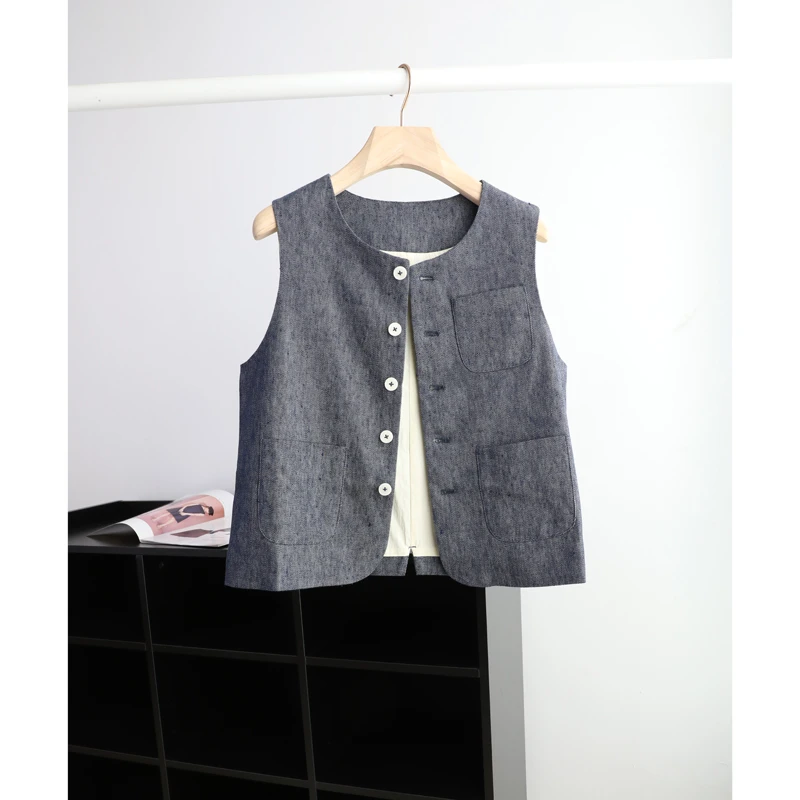 亚麻牛仔马甲 质感很牛 全内衬小圆领斜纹气质显瘦薄马夹休闲上衣