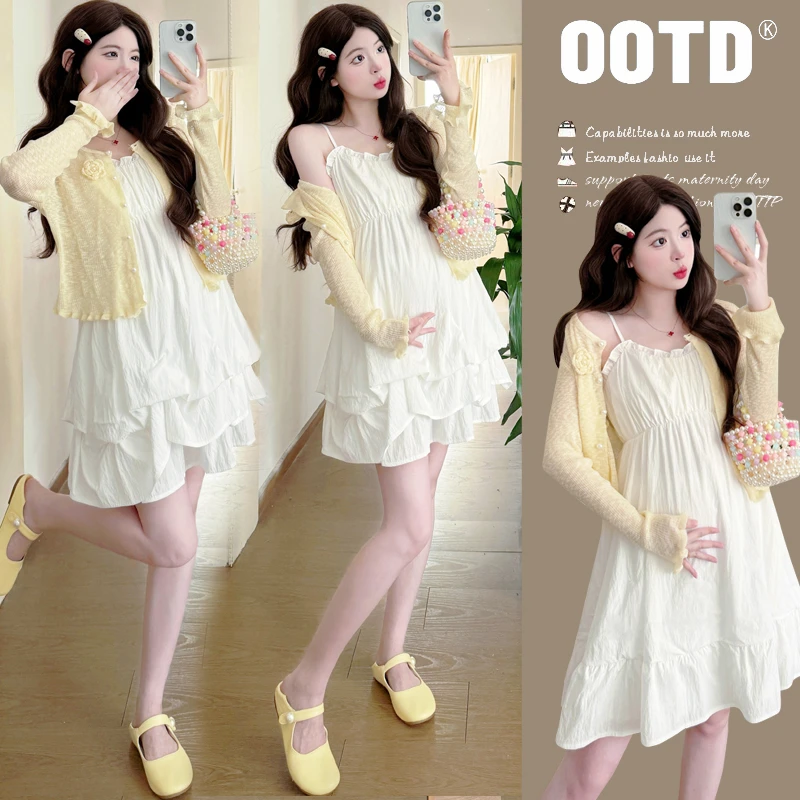 145-155小个子孕妇2025时尚减龄吊带花苞裙小清晰鹅黄色衫两件套