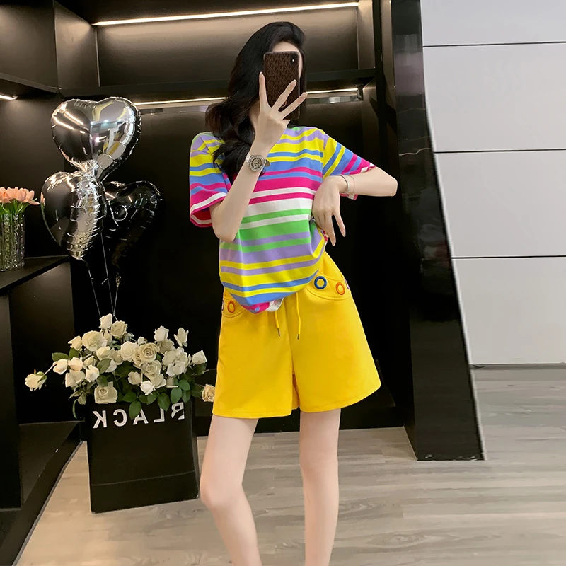 多巴胺时尚套装女夏季新款彩条短袖T恤一整套休闲运动短裤两件套