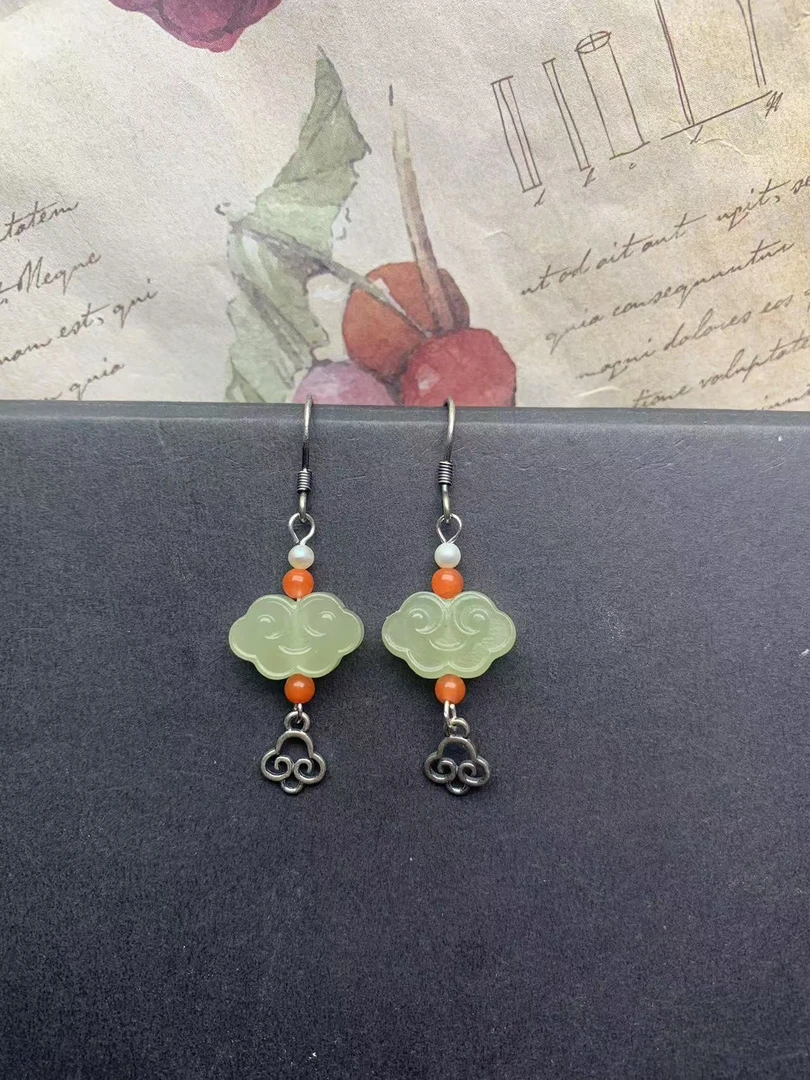 天然和田玉耳饰复古S925纯银祥云耳环新中式耳坠F1