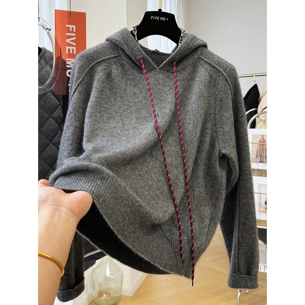 【鞋带抽绳帽衫】加厚百搭！慵懒风深灰宽松连帽毛衣女外套秋冬