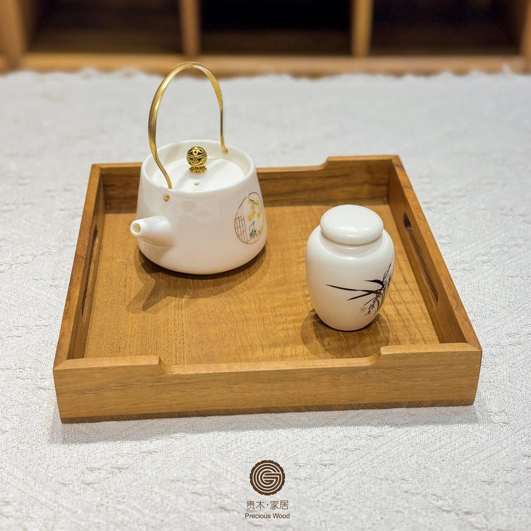 进口缅甸柚木茶水托盘 扶手设计茶盘收纳盘手工实木高端木质家用