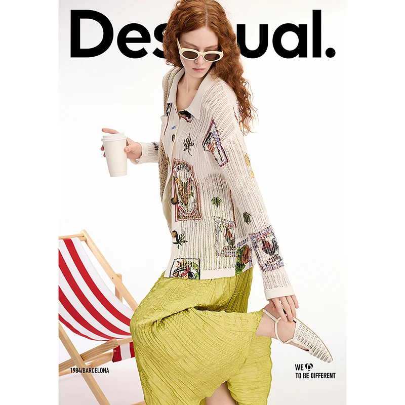 Desigual镂空编织印花翻领开衫长袖女士针织衫