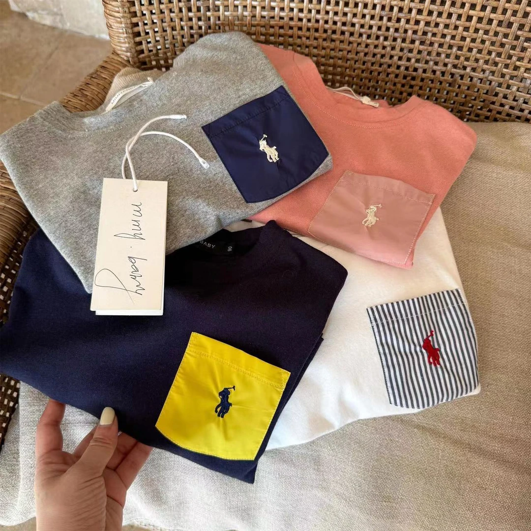 儿童长袖2025春季新品男女童撞色口袋打底衫宝宝百搭T恤衫潮50033