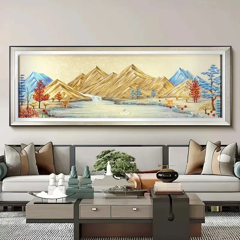 2025新款新中式金山福地客厅沙发背景墙大气织锦绣壁画苏绣挂画JH