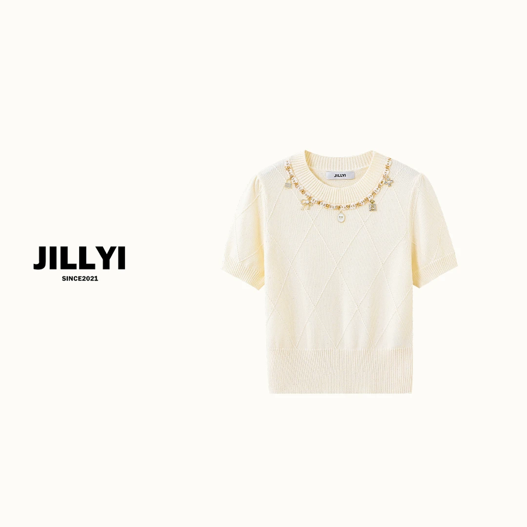 jillyi【勋章限定】奶油白香香子勋章领毛衣针织衫小香风套头夏季