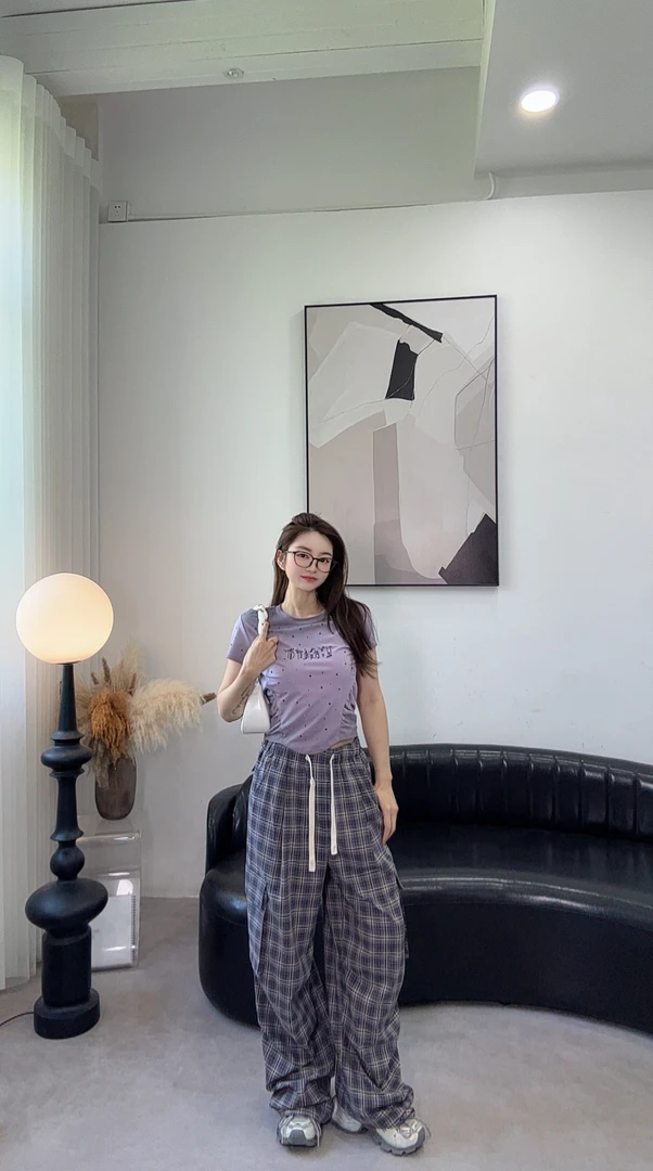 OZE设计师品牌25夏季新品两色百搭休闲格子裤阔腿裤