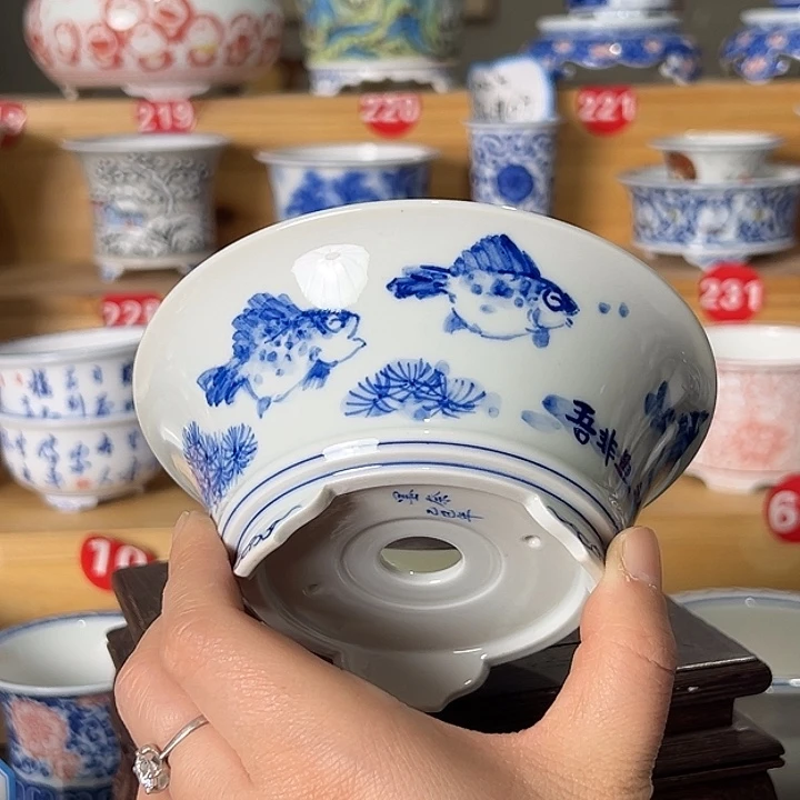 墨爱手绘陶瓷花盆内口高