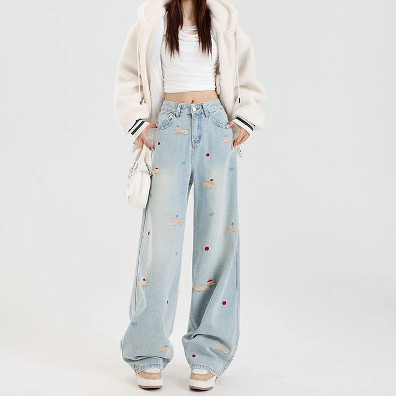 300斤大码高腰立体刺绣设计感直筒牛仔裤春秋新款宽松显瘦阔腿裤
