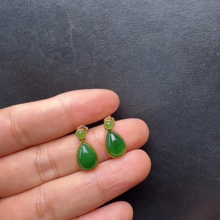 和田玉（碧玉）银S925镀金镶嵌耳饰