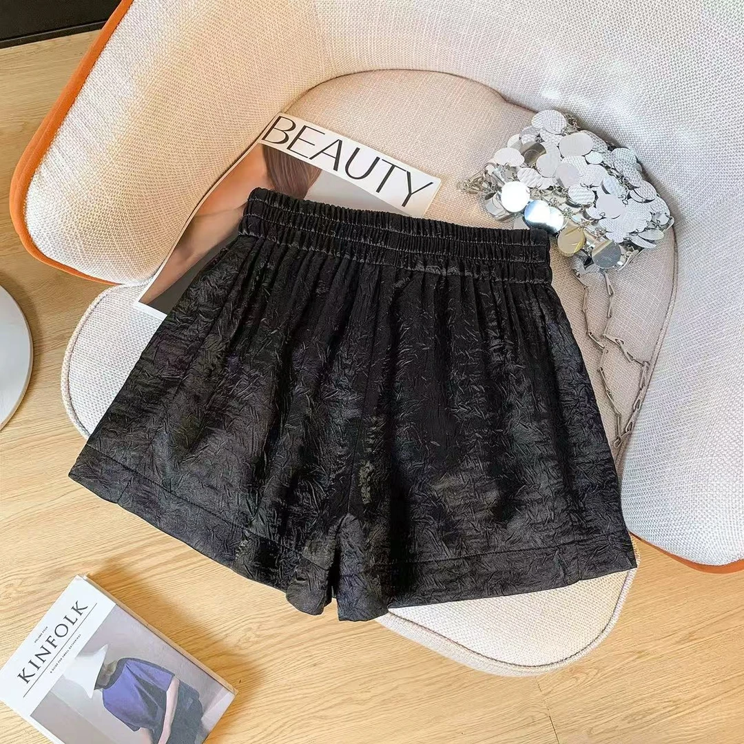 肌理感褶皱高级阔腿裤女装2025夏季新中式提花短裤高腰休闲裤外穿