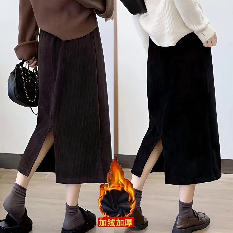 秋冬加绒加厚高腰中长款黑色灯芯绒直筒半身裙遮肉显瘦