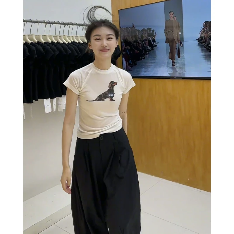 2025夏季新款韩系穿搭百搭圆领印花短袖上衣气质高腰显瘦阔腿长裤