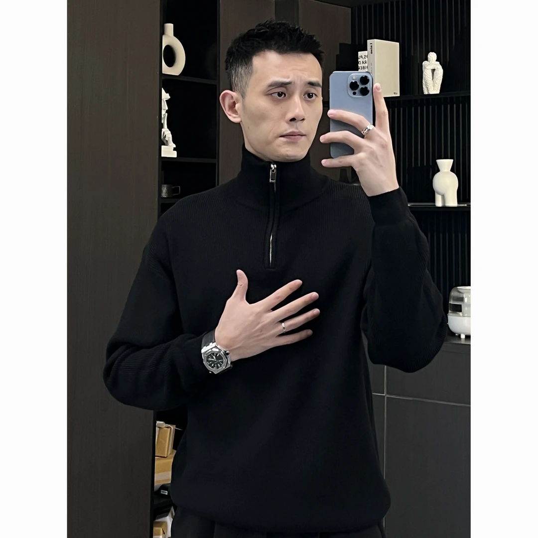 秋冬季加厚半高领针织衫毛衣男纯色极简拉链韩版半开衫套头6689