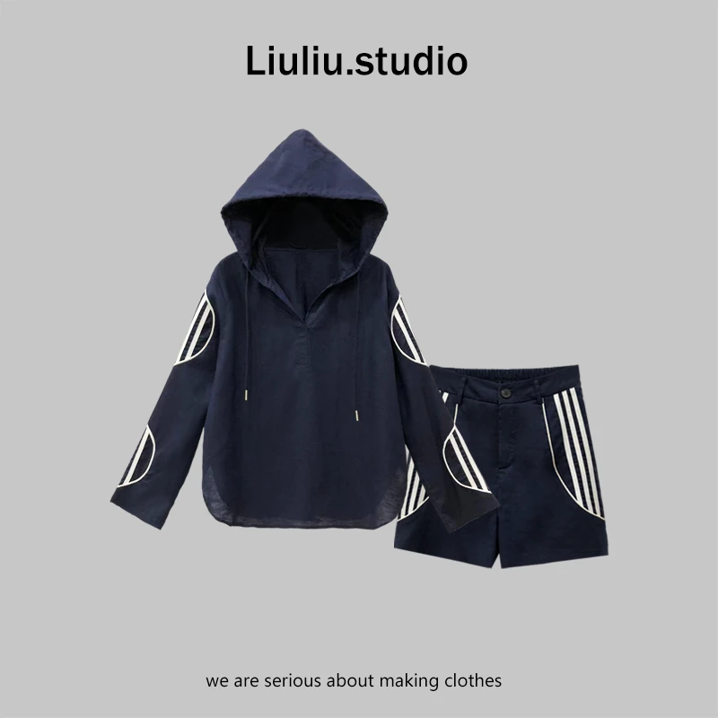 LiuLiu定制【遛弯舒适】设计感宽松连帽长袖上衣+气质短裤短裙套装