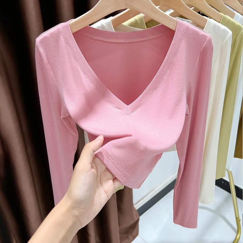 粉色甜辣修身打底衫女款洋气内搭低V领长袖T恤新款可外穿休闲上衣
