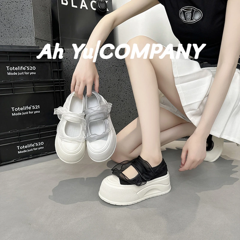 欧洲站玛丽珍鞋女2025夏季新款时尚厚底透气网纱魔术贴增高小白鞋