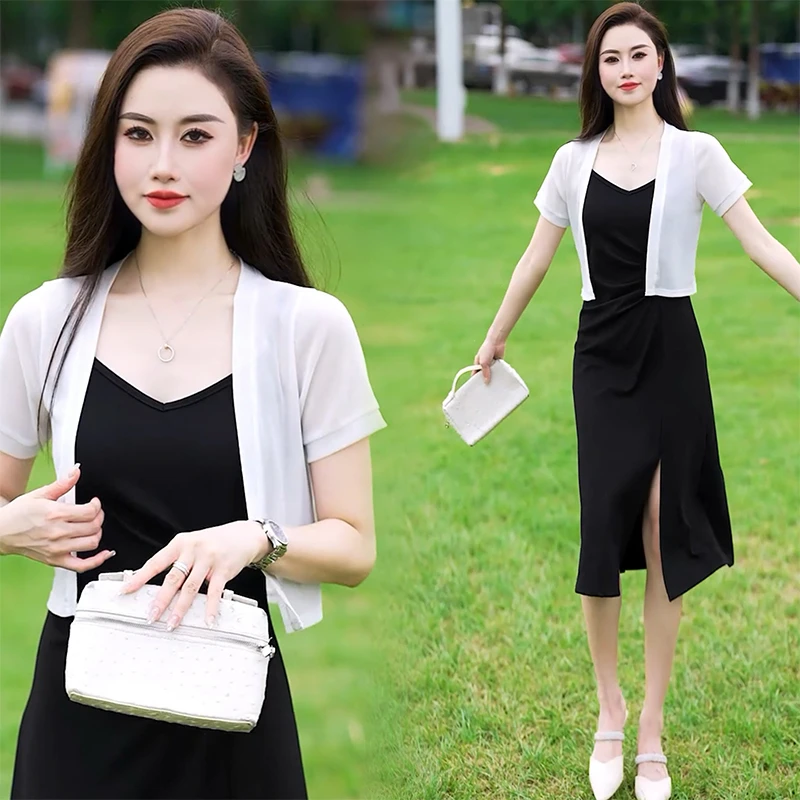 夏季小披肩配裙子的薄款坎肩短外套网纱白色短袖雪纺开衫女士外搭