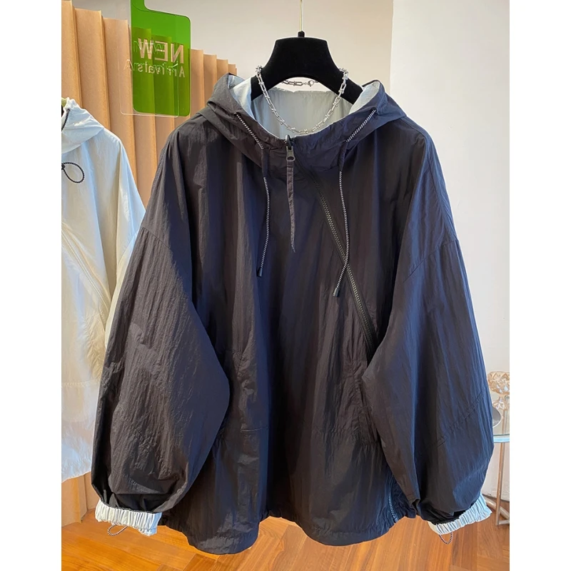 6330深圳南油高端欧货斜拉链冲锋衣外套女春秋连帽薄款两面穿上衣